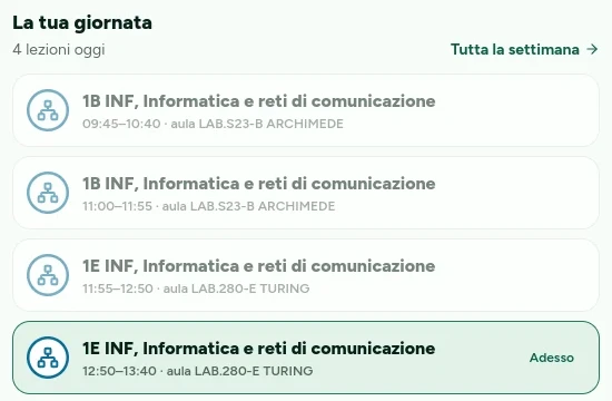 La tua giornata: le lezioni di oggi con aula e ora, quella in corso segnata «Adesso»